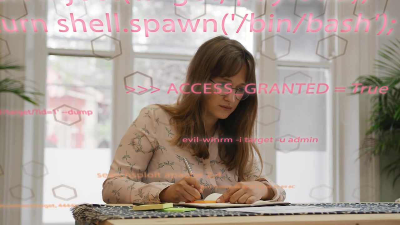 Mulher escrevendo anotações de estudo em uma mesa perto da janela com sobreposição de código tecnológico esmaecendo, revelando o espaço de trabalho.