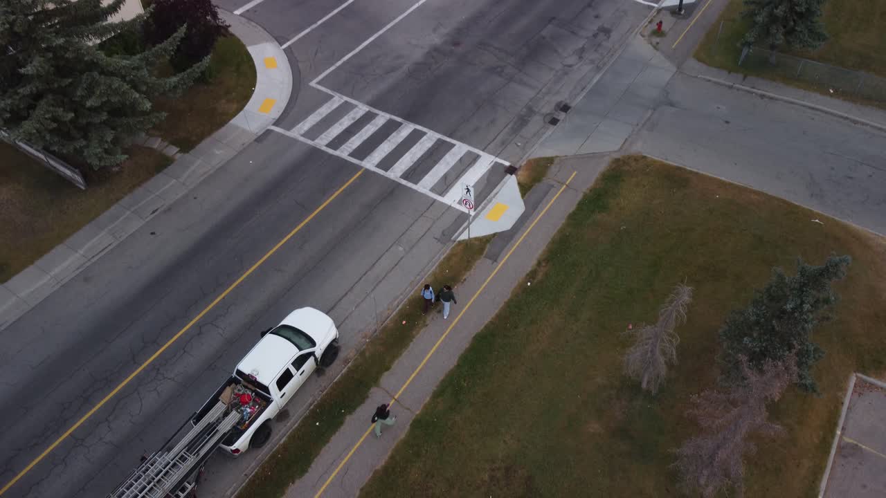 People walking on Cross section neighbourhood view drone aerial