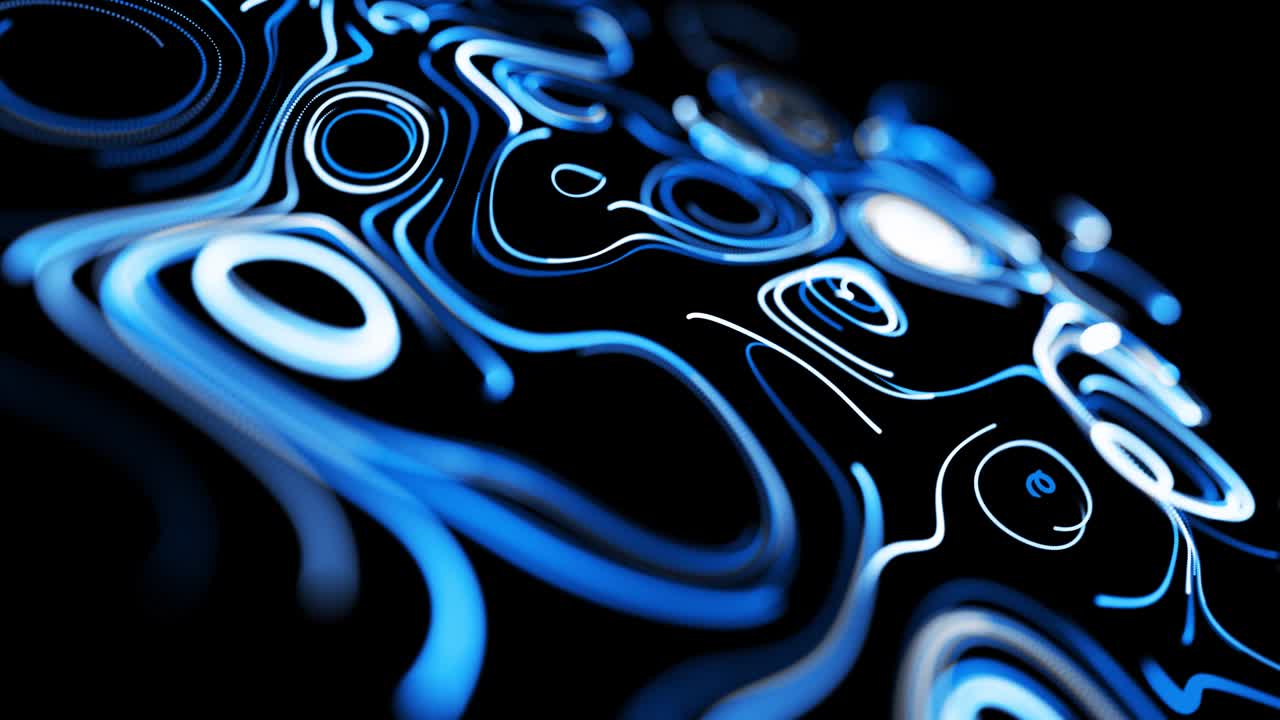abstracto fondo en bucle 3d con líneas que forman un patrón giratorio como ruido de rizos con rayas de luz. el flujo de partículas forma líneas rizadas como senderos de brillo azul. hermosos remolinos de líneas como bg abstracto