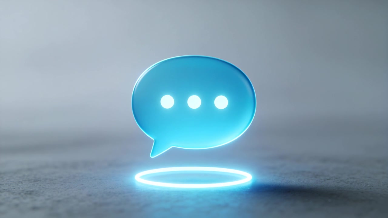 Glødende neonring skaper en cyan snakkeboble som duver over et studio, indikerer skriving med tre prikker.