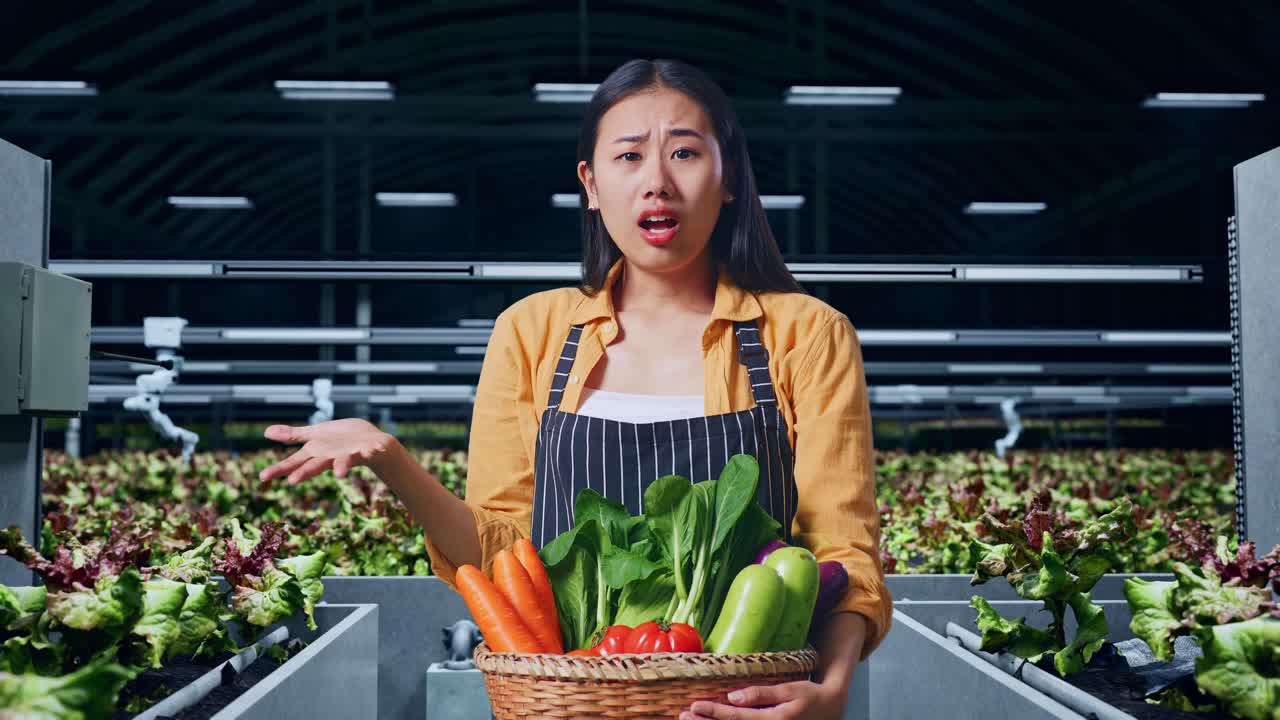 야채 바구니를 들고 있는 아시아 여성 농부 는 당황 한 몸짓 을 보이고 스마트 농장 에서 무엇 을 말 하고 있다