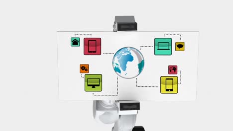 Digitally-generated-video-of-white-robotic-arm-holding-card-with-networking-icon