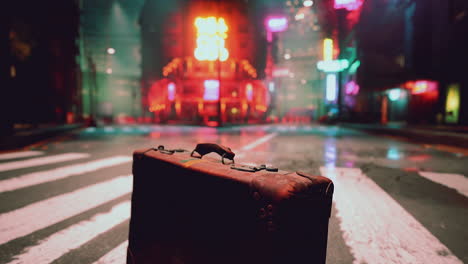 suitcase on a deserted cyberpunk street at night