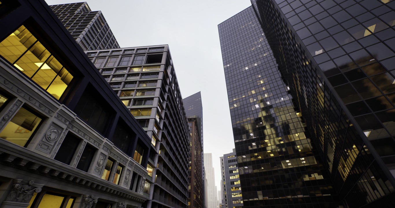 Stormy glass buildings mirror moist streets and illuminated panes