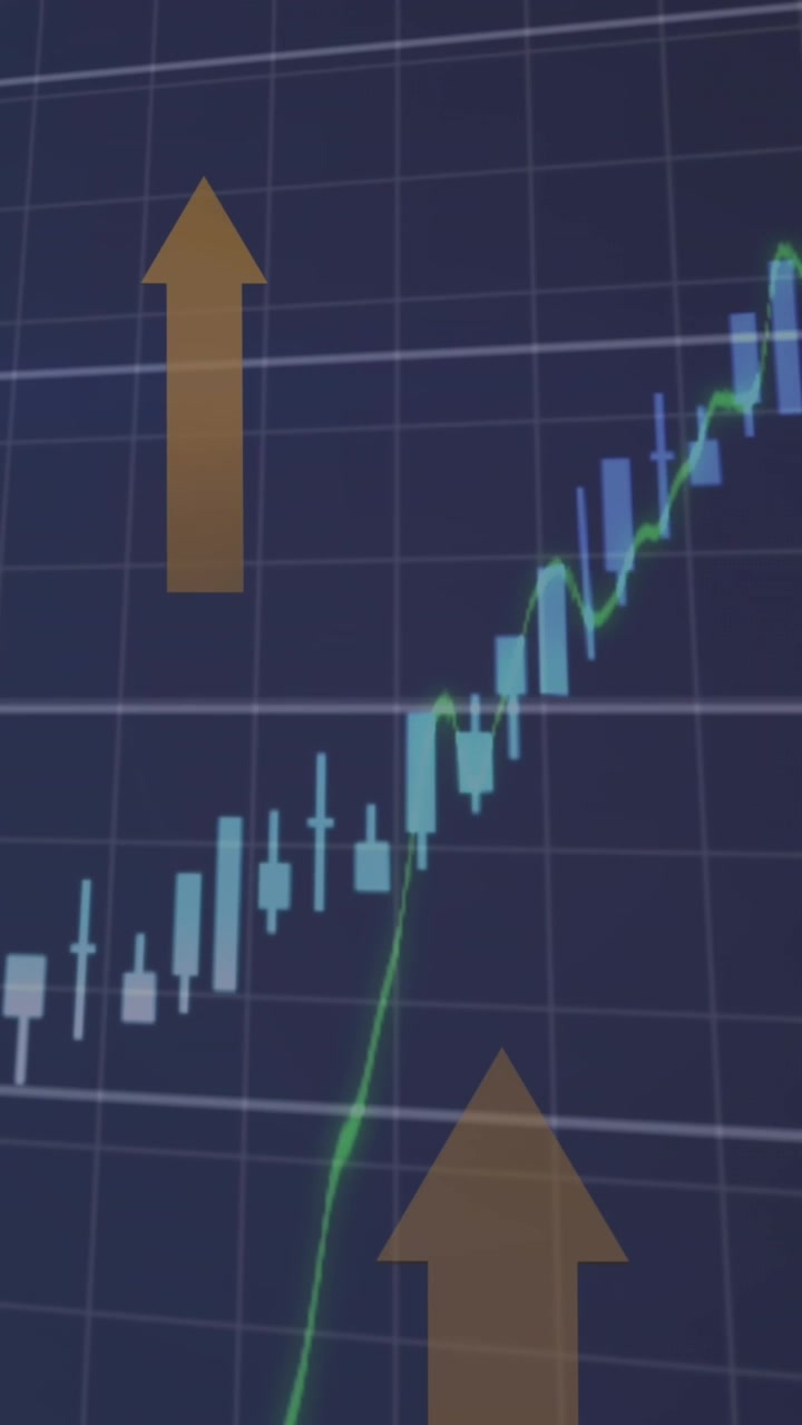 Animazione di elaborazione dati finanziari e icone a freccia che si muovono verso l'alto su sfondo blu