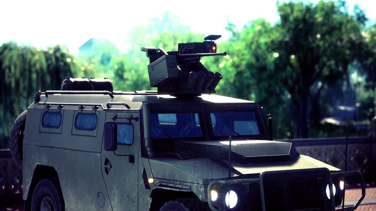 Military vehicle with turret crosses lush terrain under bright sun