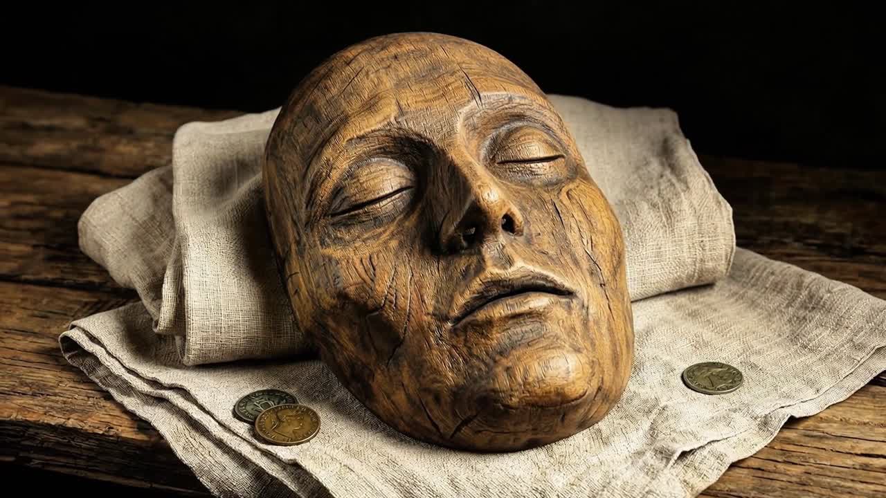 Maschera facciale di legno intagliato che scivola e ruota su un panno di lino piegato accanto a monete su una superficie di tavolo rustico.