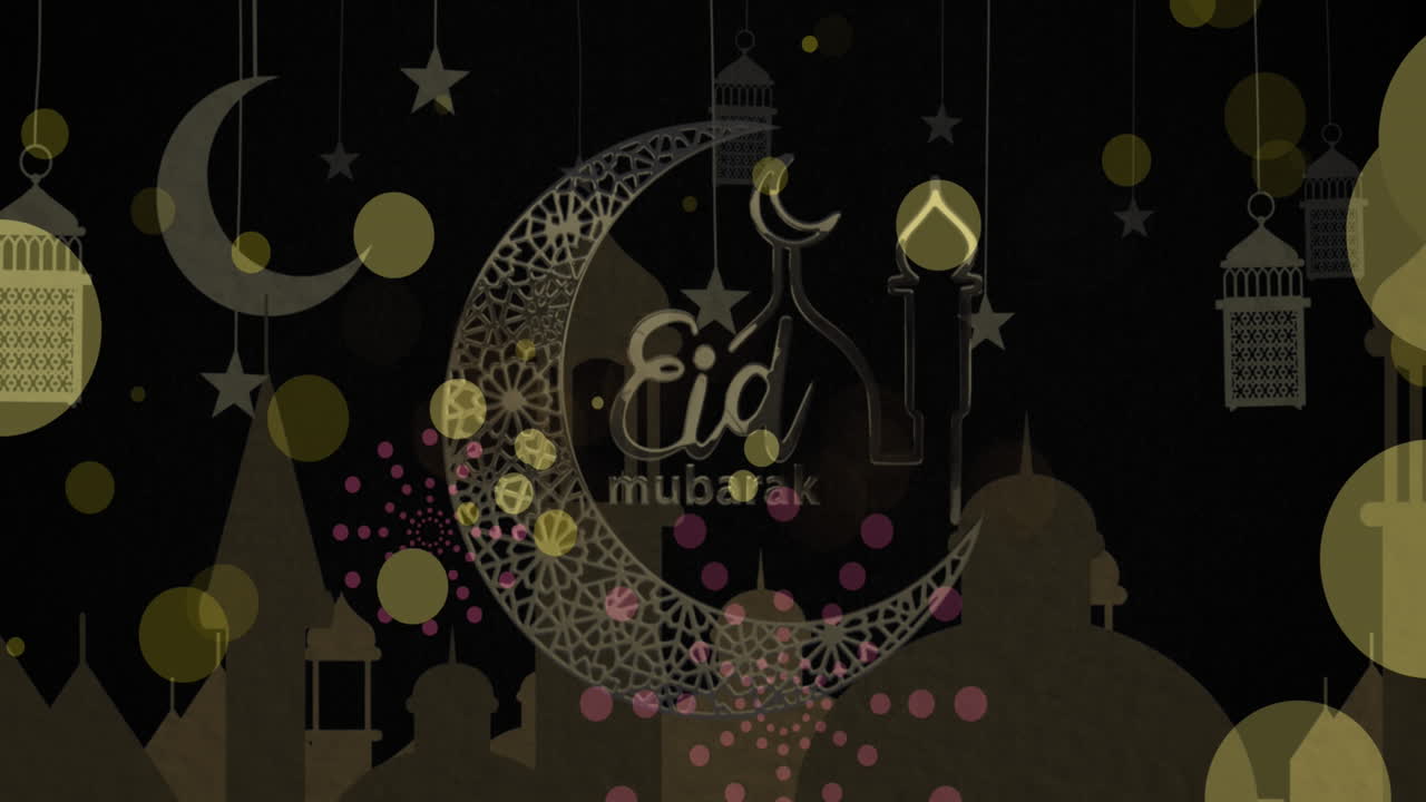 animación del logotipo y el texto de eid mubarak sobre lunas y mezquita