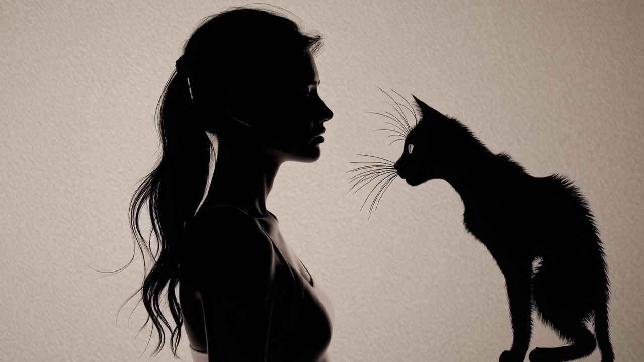 Woman's silhouette engages with a cat, capturing a gentle exchange of curiosity and affection, set against a softly textured background, evoking warmth and companionship