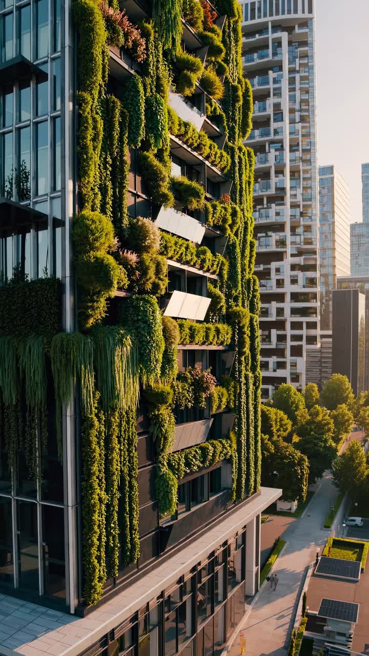 Edificio verde urbano con jardines verticales, capturado desde un ángulo bajo.