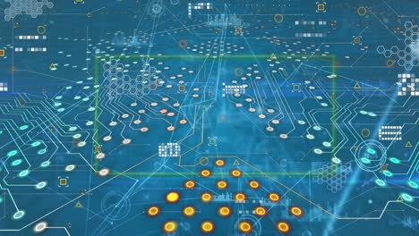 animation of computer circuit board over network of connections on blue background