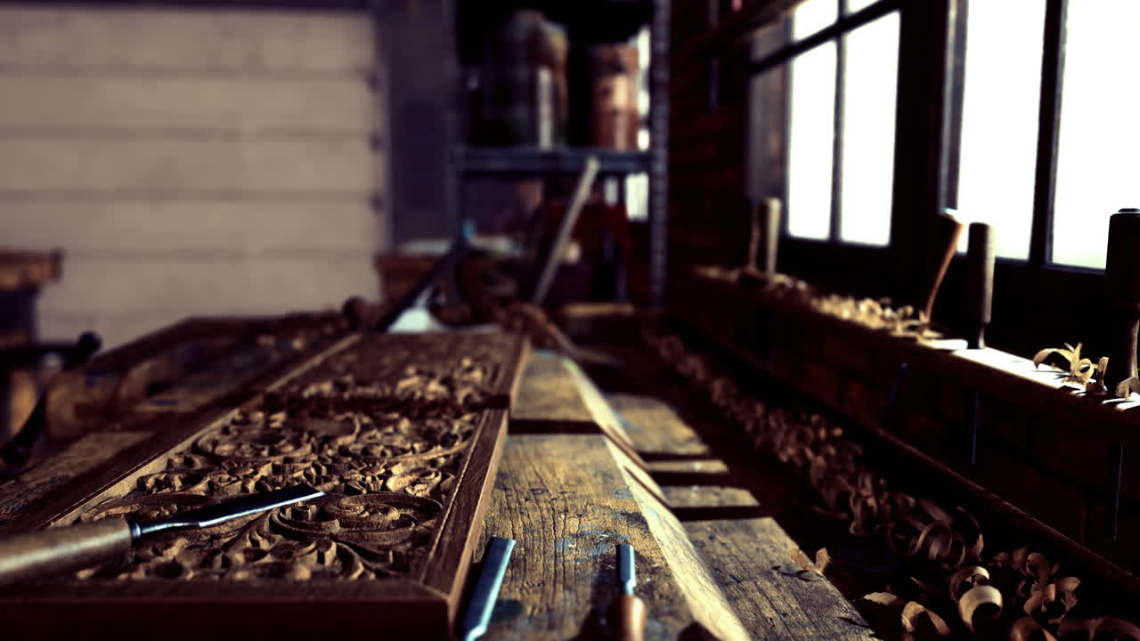 Detailed wooden craftsmanship showcased in a workshop with natural light