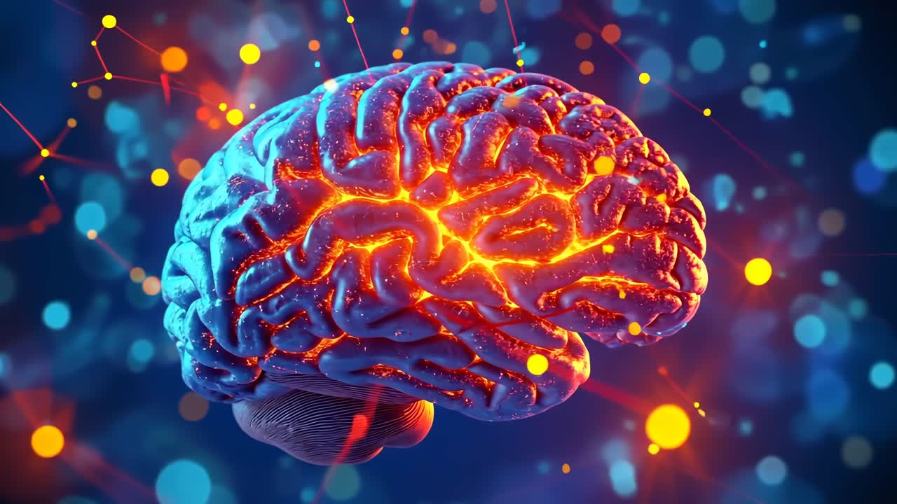 A 3D-rendered brain with glowing orange highlights, viewed from a side angle, set against a dark