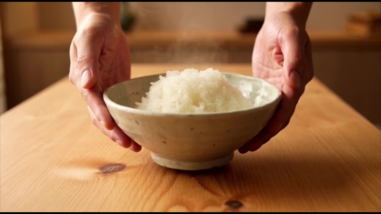 テーブルに湯気の立つ炊きたての白いご飯の茶碗を置く人