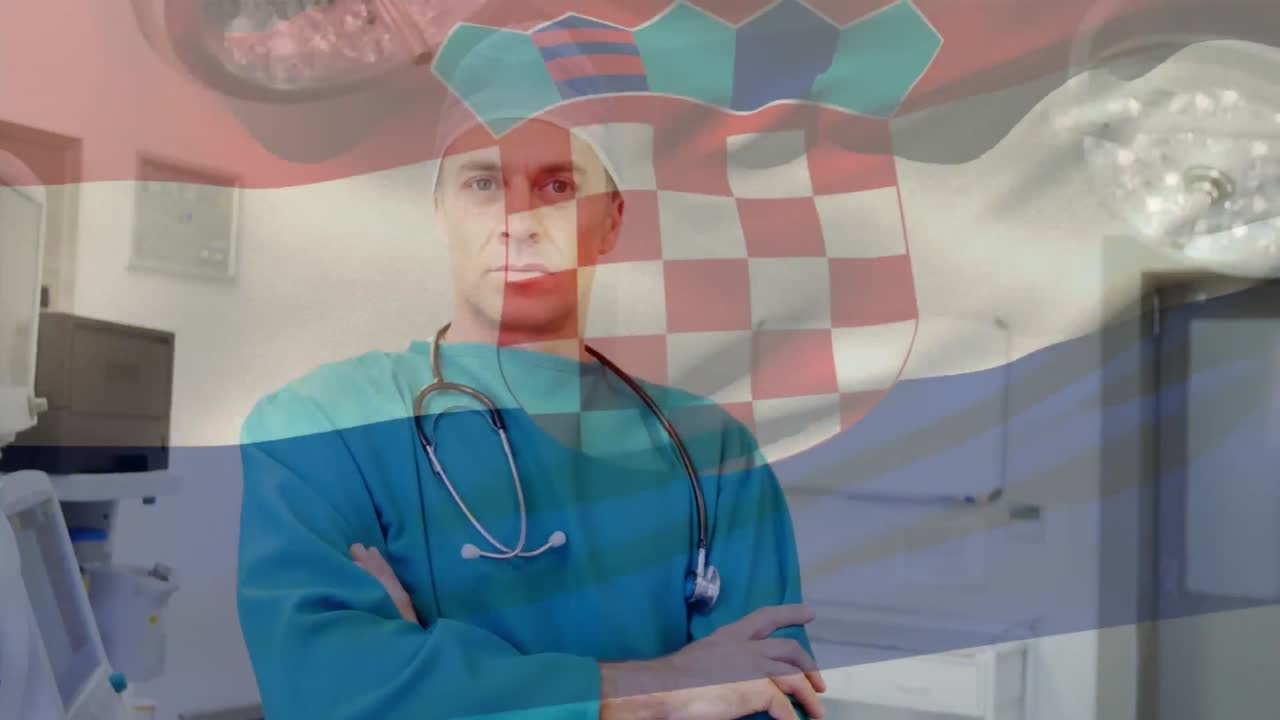 수술실에서 외과의사 위에 흔들리는 크로아티아 국기의 애니메이션