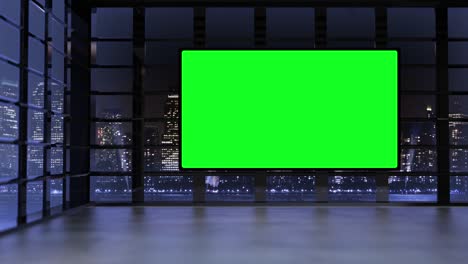 3d virtual tv studio with panoramic city skyline view at night with green screen and floodlights