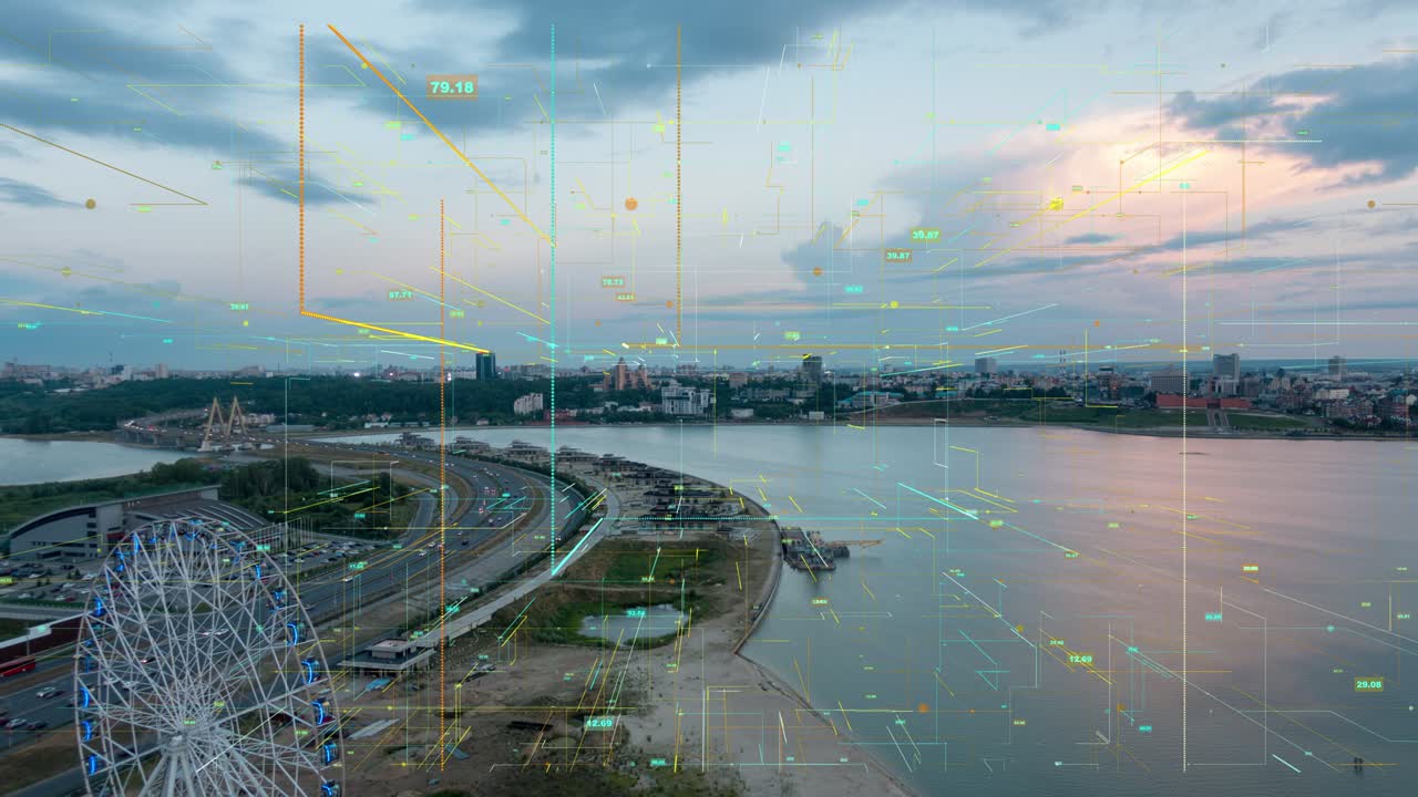 스마트 시티 항공 드론 영상 홀로그램 정보 아치 네트워크 통신 동안 형성 미래의 네트워크 및 기술 5g 드론 낮은 빛 4k 비디오 루프, 타임 라프