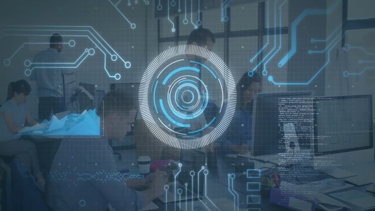 Digital interface animation over people working at computers in modern office