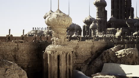 intricate ancient architecture in a desert landscape with towering structures