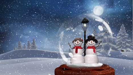 cute christmas animation of snowman couple in magical forest 4k