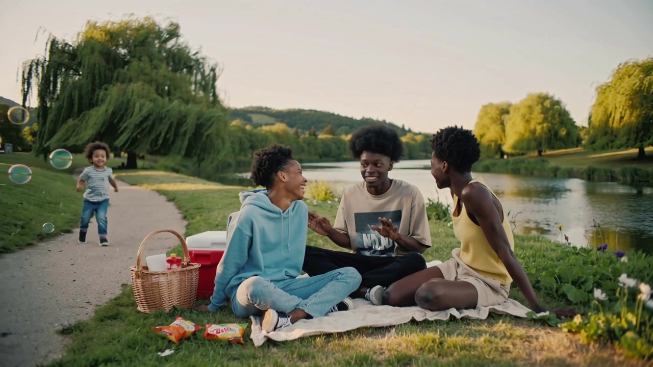 Grinende venner i blåt, beige og gult gestikulerer på et picnictæppe i parken, mens de reagerer på et løbende barn.