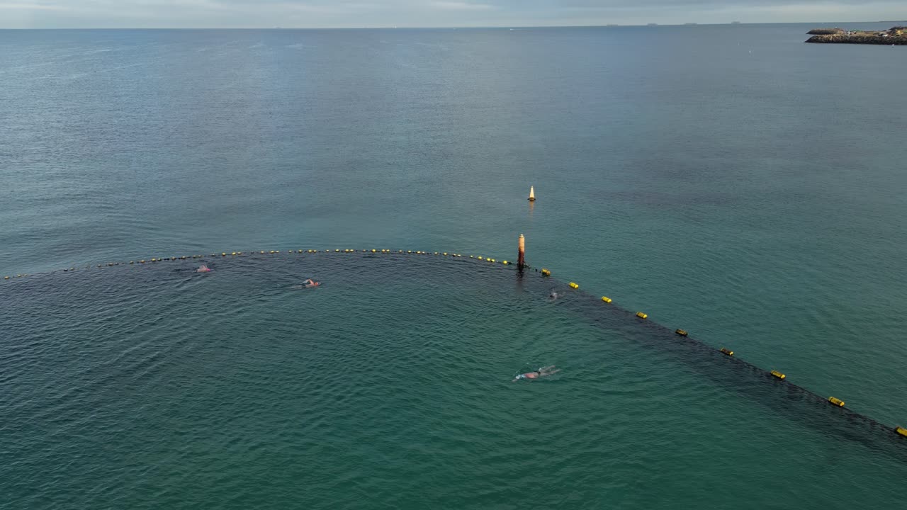 서부 오스트레일리아 의 퍼스 시 의 쿠기 비치 에 있는 상어 보호 구역 안 에서 수영 하는 사람 들