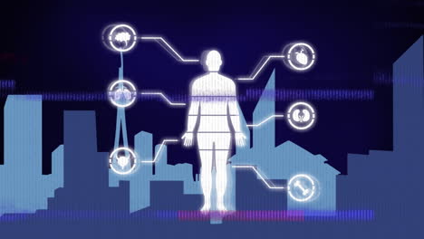 animación de procesamiento de datos sobre el cuerpo humano con iconos médicos sobre la ciudad sobre fondo negro.
