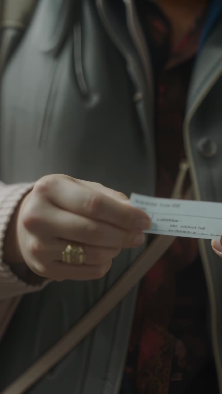 Vertical video: Moving woman's hand to show printed slip indoors, revealing gold ring, gray coat