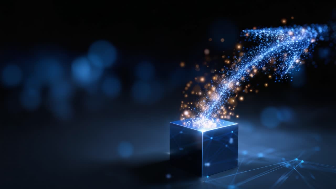 Una rappresentazione affascinante di particelle di luce scintillanti che emergono da un cubo scuro, creando un'illusione incantevole di magia e meraviglia in un paesaggio digitale.