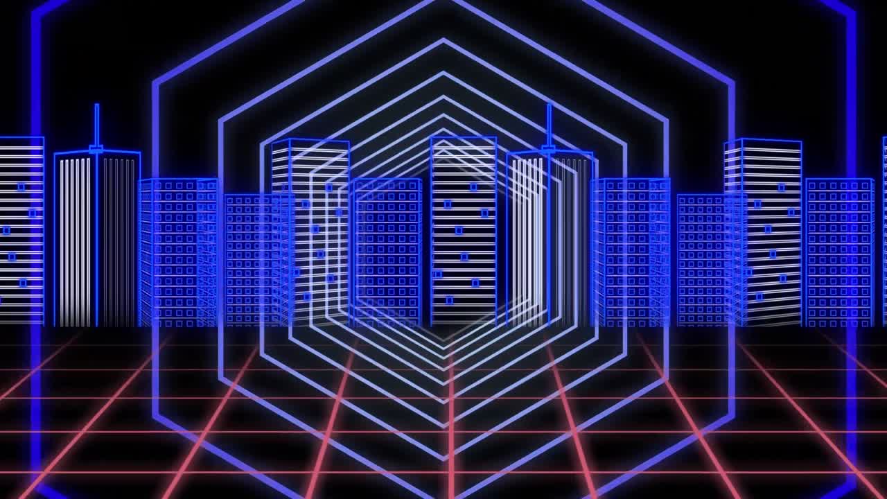 Animation of blue glowing pulsating hexagons moving in seamless loop
