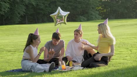 birthday party. guy teenager with cake with candles 17, celebrating birthday with friends, teens in festive hats sitting on grass in park, summer sunny day