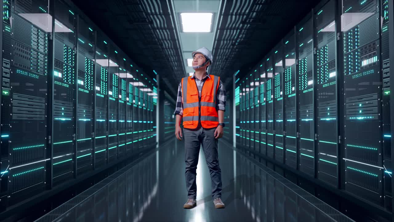 Full Body Of Asian Male Engineer With Safety Helmet Looking Around While Standing in Server Room Data Center