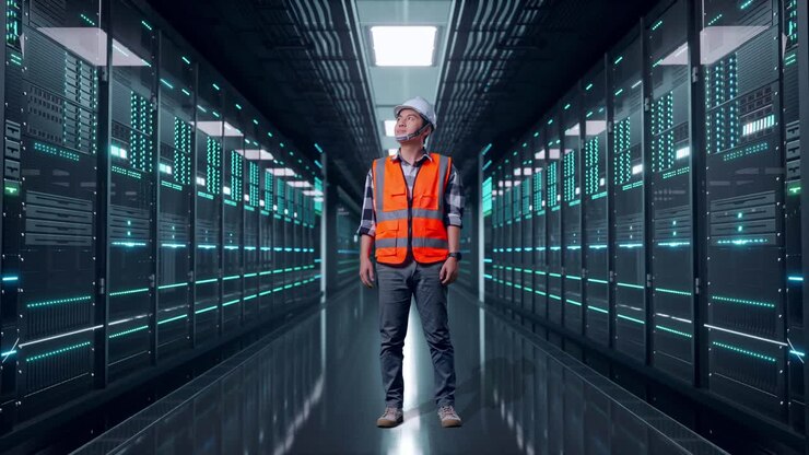 Ingegnere maschio asiatico a figura intera con casco di sicurezza, che si guarda intorno mentre è in piedi in una sala server di un data center.