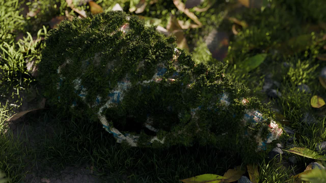 Moss-covered animal skull in nature