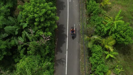 Topdown-view-follow-Surfer-riding-scooter-on-tropical-island-surrounded-by-lush-vegetation,-Bali