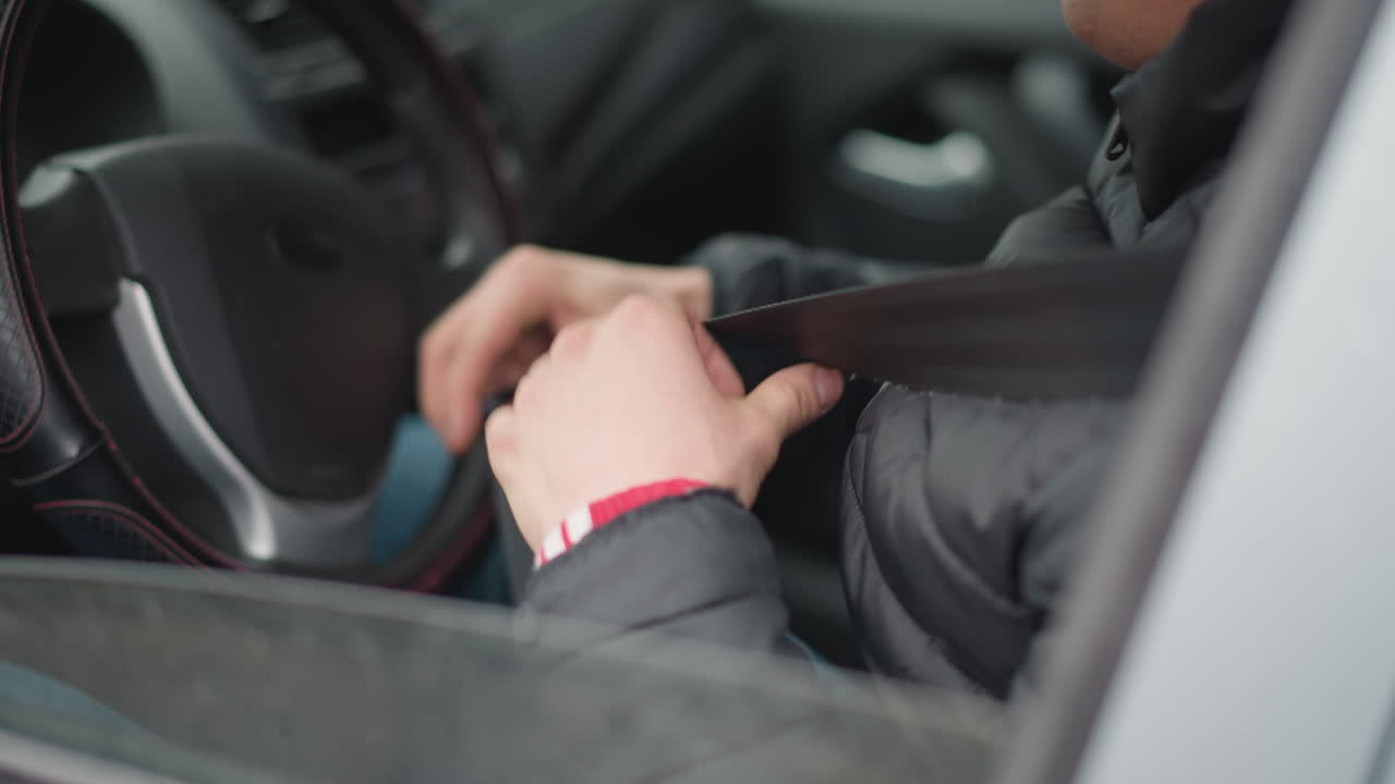 Close up window view of commuter seated in driver seat pulling seat belt strap across torso beside fogged window wearing winter jacket focusing on safety gesture hand movement inside cabin commute