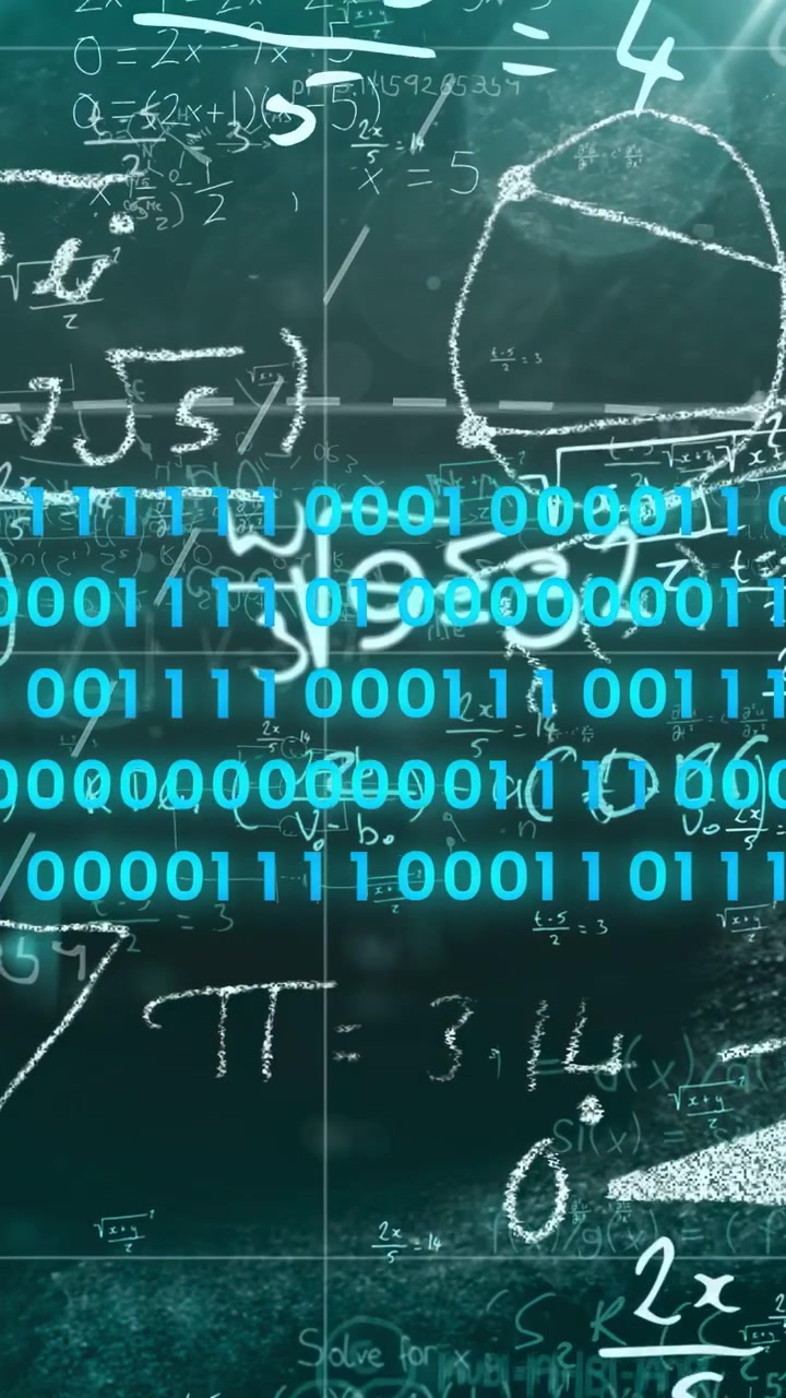Video verticale: Su una lavagna che disegna matematica, bit ciano che scorrono, bagliori che fluttuano, mostrando dati.