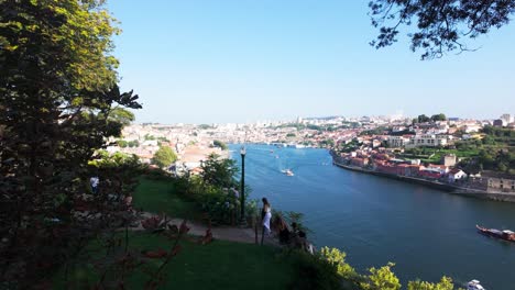 a boat cruises the douro river with a scenic view of porto and lush greenery on a sunny day