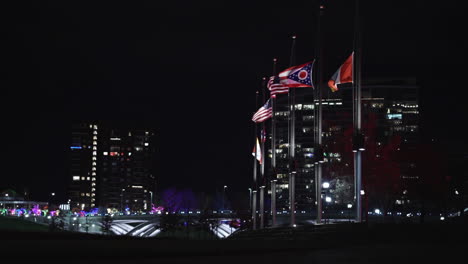 flags blowing in the wind at night.
