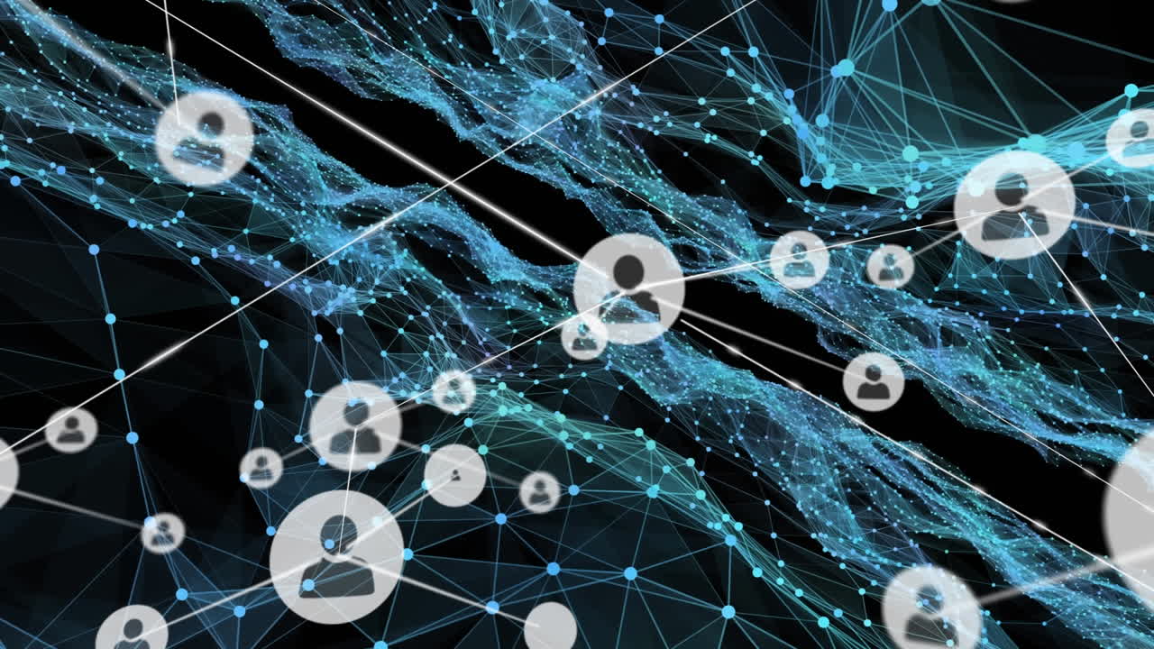 Network of digital icons against digital waves