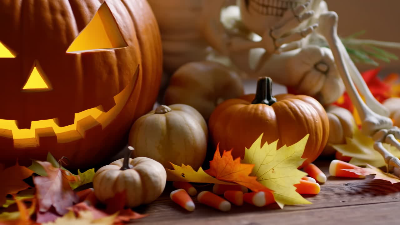 Bodegón de otoño: calabaza tallada, mano de esqueleto, caramelos de maíz, minicalabazas, hojas de arce coloridas sobre madera rústica