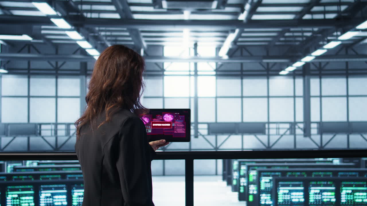 Team of server farm employees detecting hacker attacks on tablet, fighting back