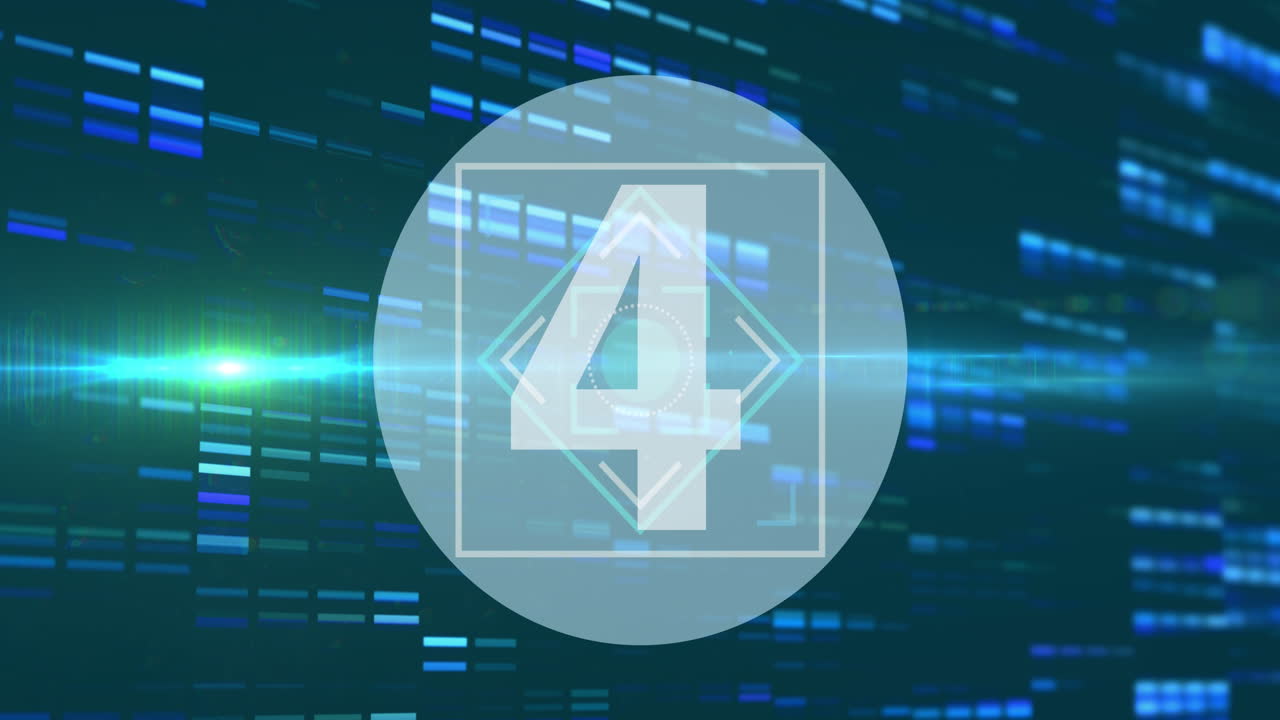 Animation of number countdown from 10 to 1 in circle and blue lights on a black background