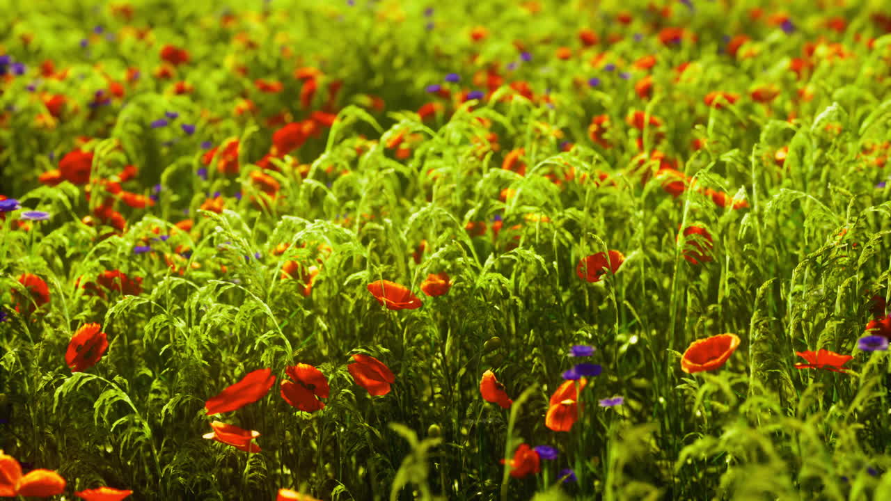 Vibrant wildflower field displaying red poppies and green grass under sunlight
