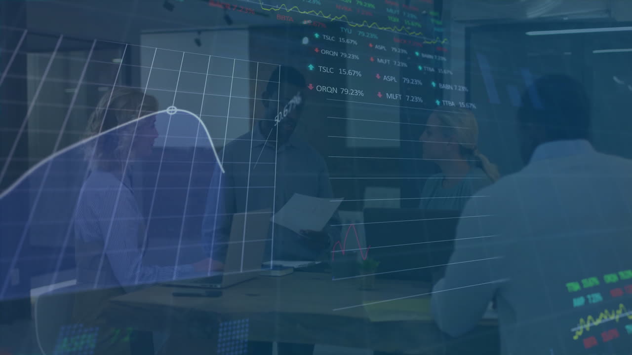 animazione dell'elaborazione dei dati su diversi colleghi maschi e femmine che discutono in una riunione casuale