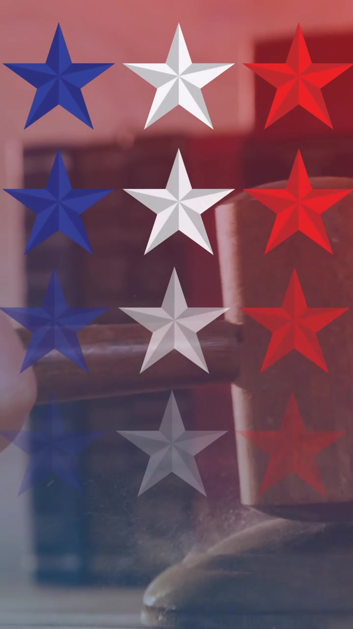 Composite video of multiple star icons against hand banging a gavel