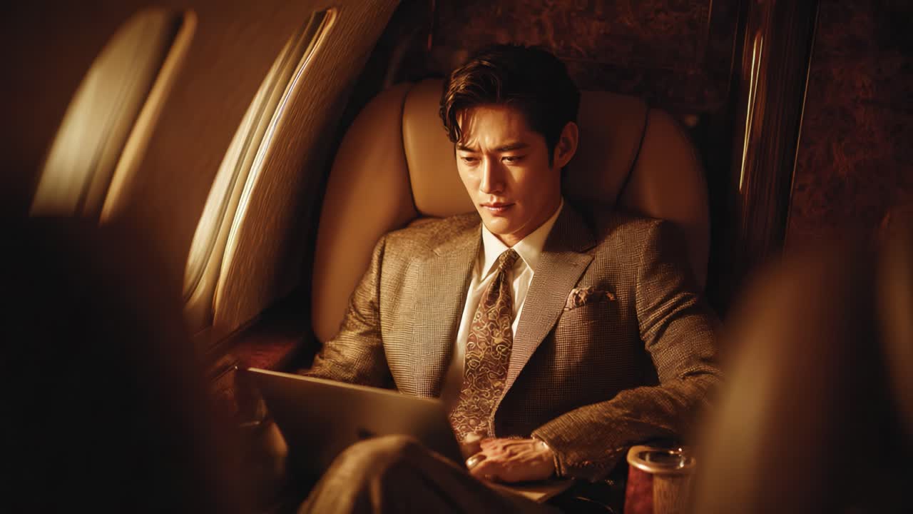 A Sophisticated Gentleman in High-Style Attire Engages with His Laptop in a Luxurious Private Jet, Reflecting a Life of Elegance and Modern Lifestyle Choices