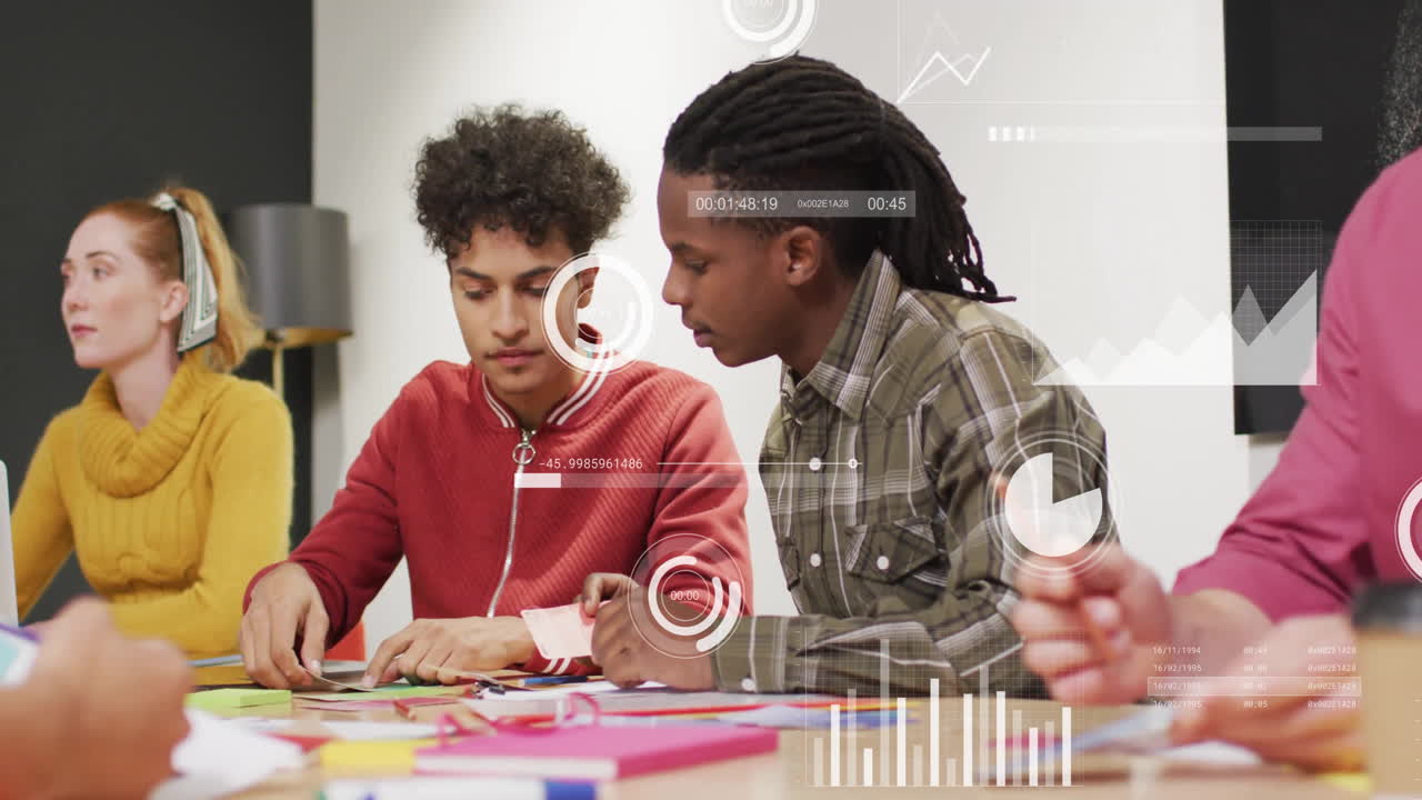 Animation of financial data processing over diverse business people in office