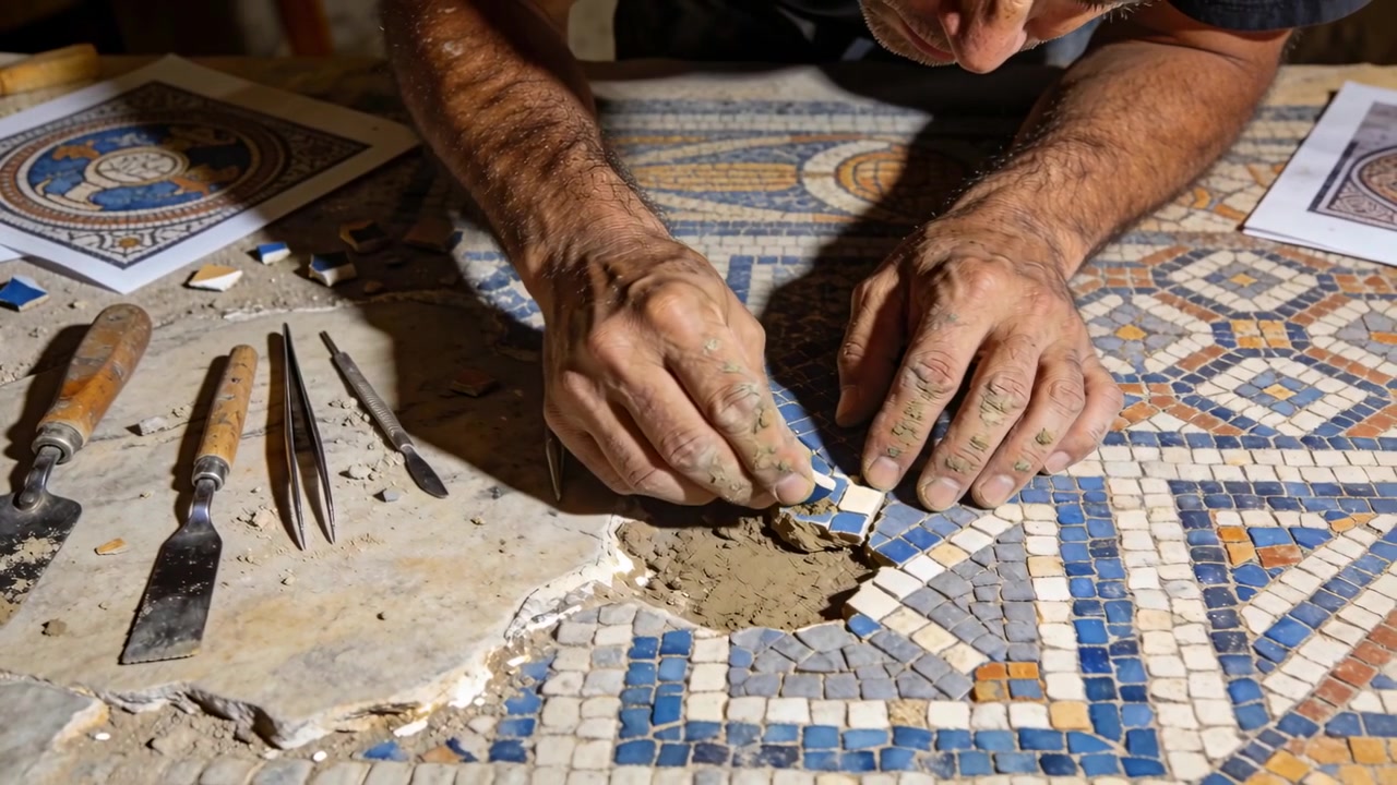 Artigiano con camicia scura che restaura un mosaico al banco da lavoro, notando uno spazio triangolare e posizionando tessere blu