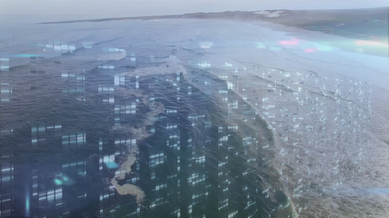 Animation of digital data patterns overlaying ocean waves along sandy coastline